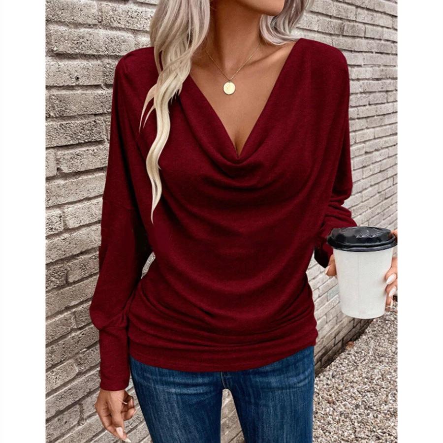 Women's V-neck Pile Collar Solid Color Knitted Long Sleeve Loose T-shirt by GJG Denim