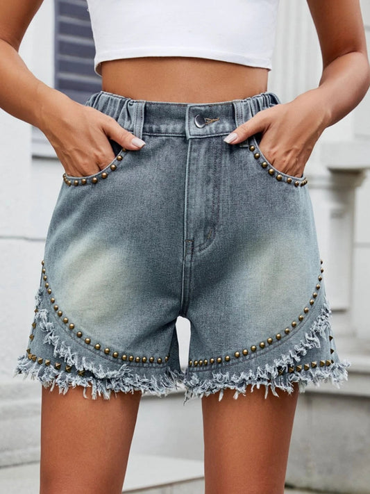Raw Hem Studded Denim Shorts by Lady Ros