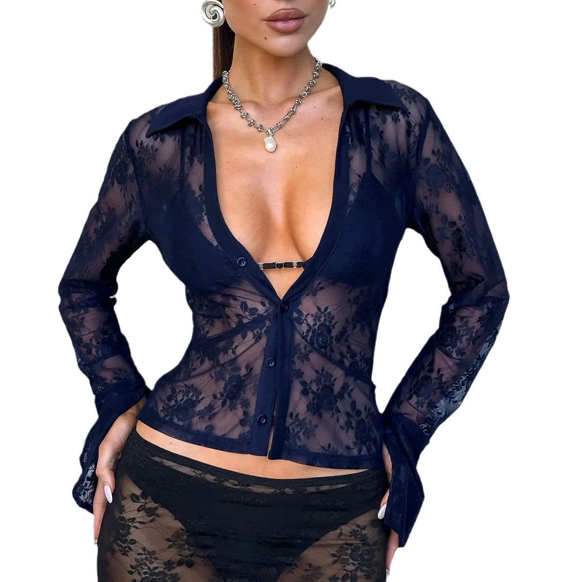 V Hot Girl Style Hollow Lace Cardigan Long Sleeve Top Women's Clothing by GJG Denim