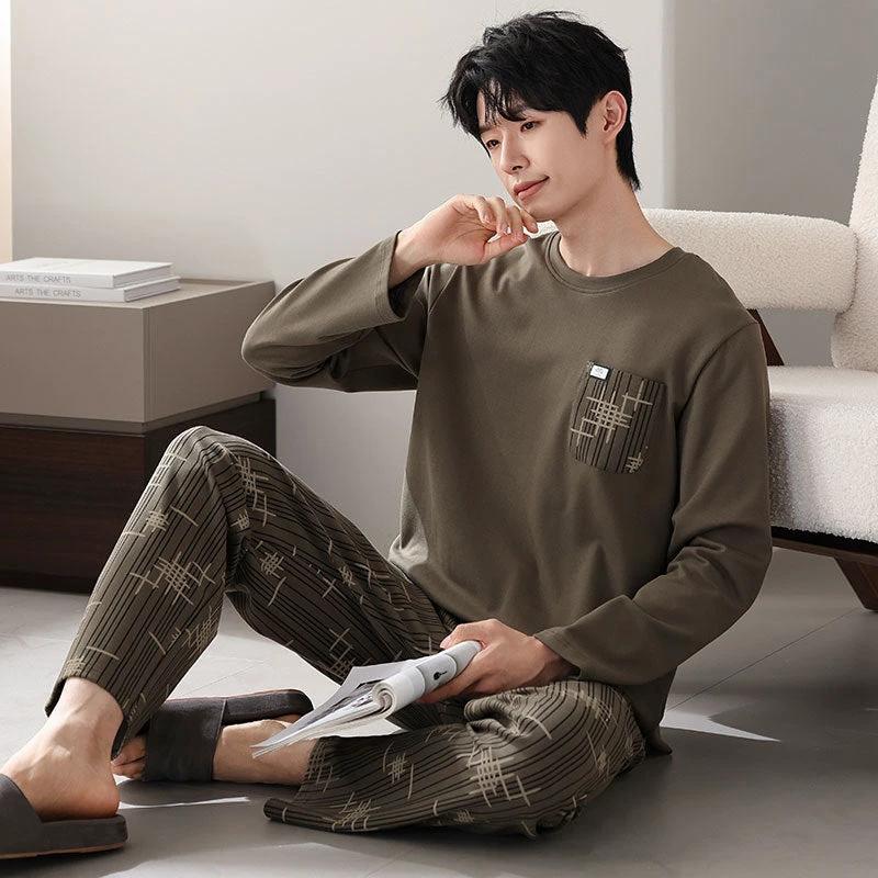 Men's Cotton Long Sleeve Casual Pajamas by GJG Denim