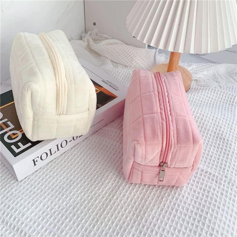 Plush Makeup Bag Checkered Cosmetic Bag Cosmetic Travel Bag Large Zipper Travel Toiletry Bag Portable Multi Functional Capacity Bag Cute Makeup Brushes Storage Bag For Women by GJG Denim