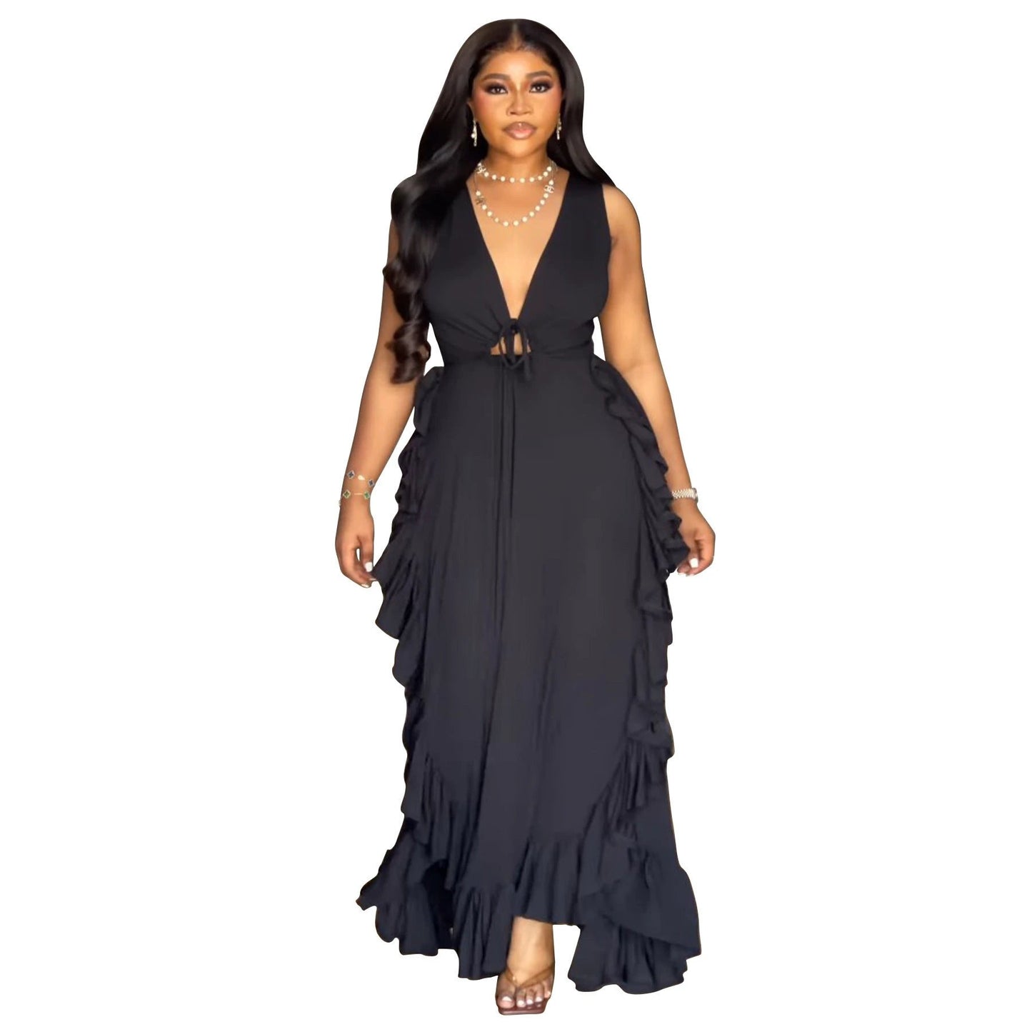 Ruffled High Waist Crop-top Spaghetti-strap Plus Size Dress by GJG Denim