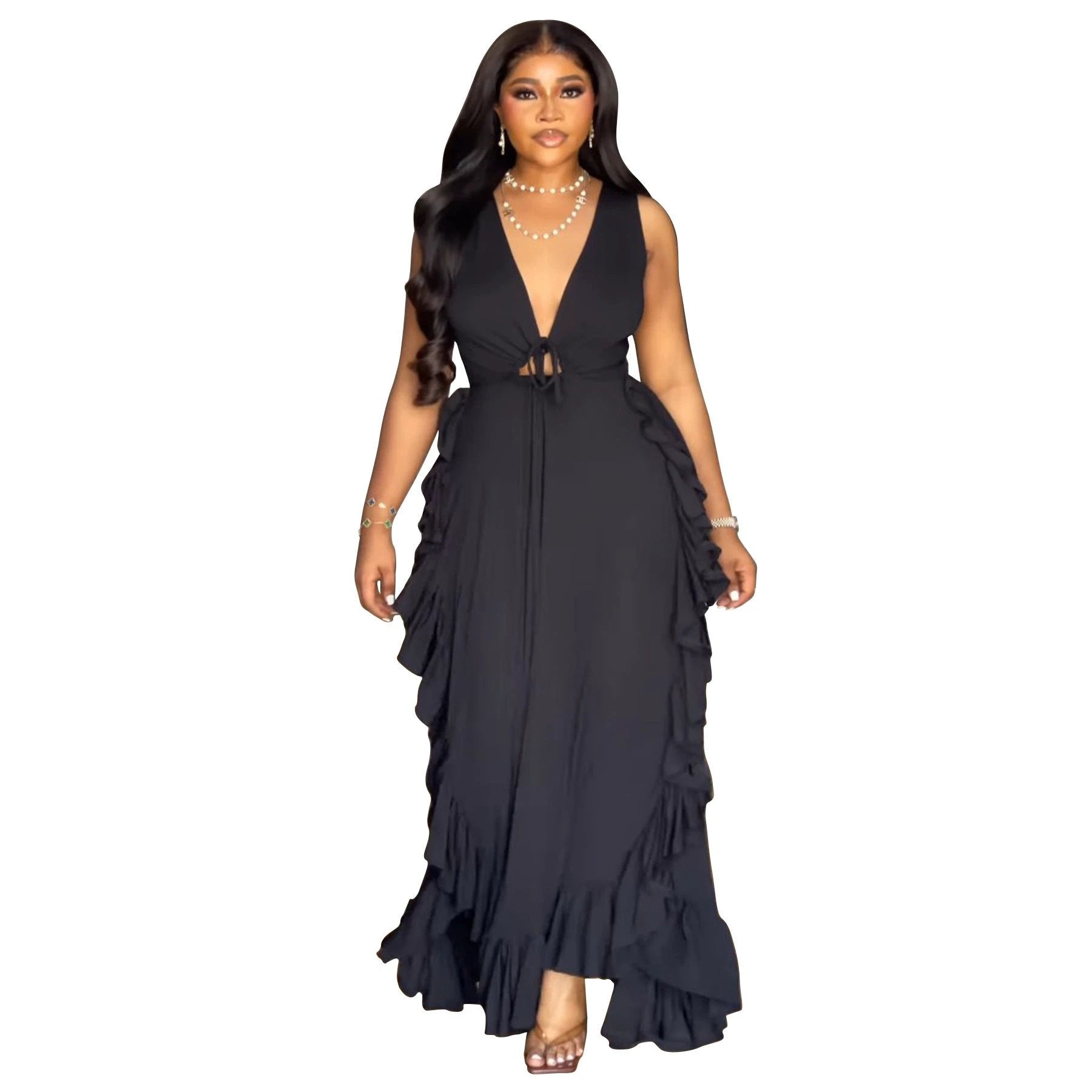 Ruffled High Waist Crop-top Spaghetti-strap Plus Size Dress by GJG Denim