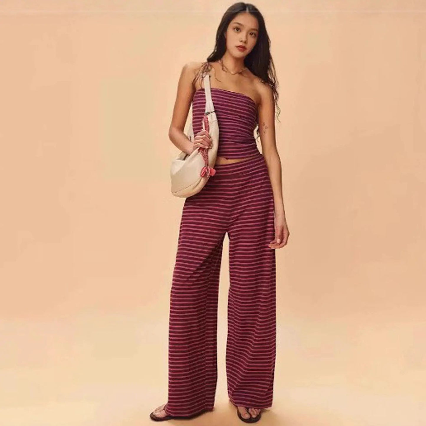 Printed Striped Tube Top And Pants Set by GJG Denim