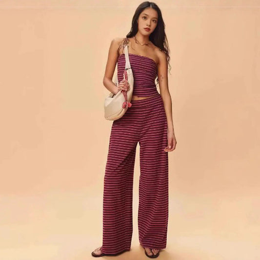 Printed Striped Tube Top And Pants Set by GJG Denim