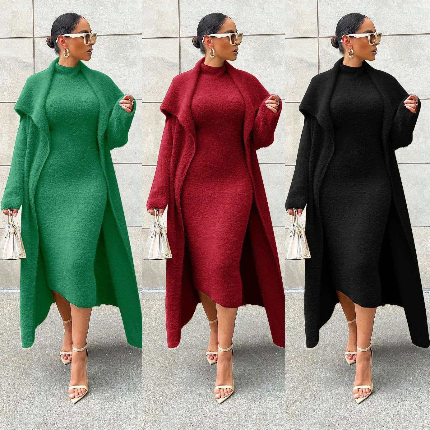 Autumn And Winter Elegant Dress Long Cardigan Velvet Two-piece Suit by GJG Denim