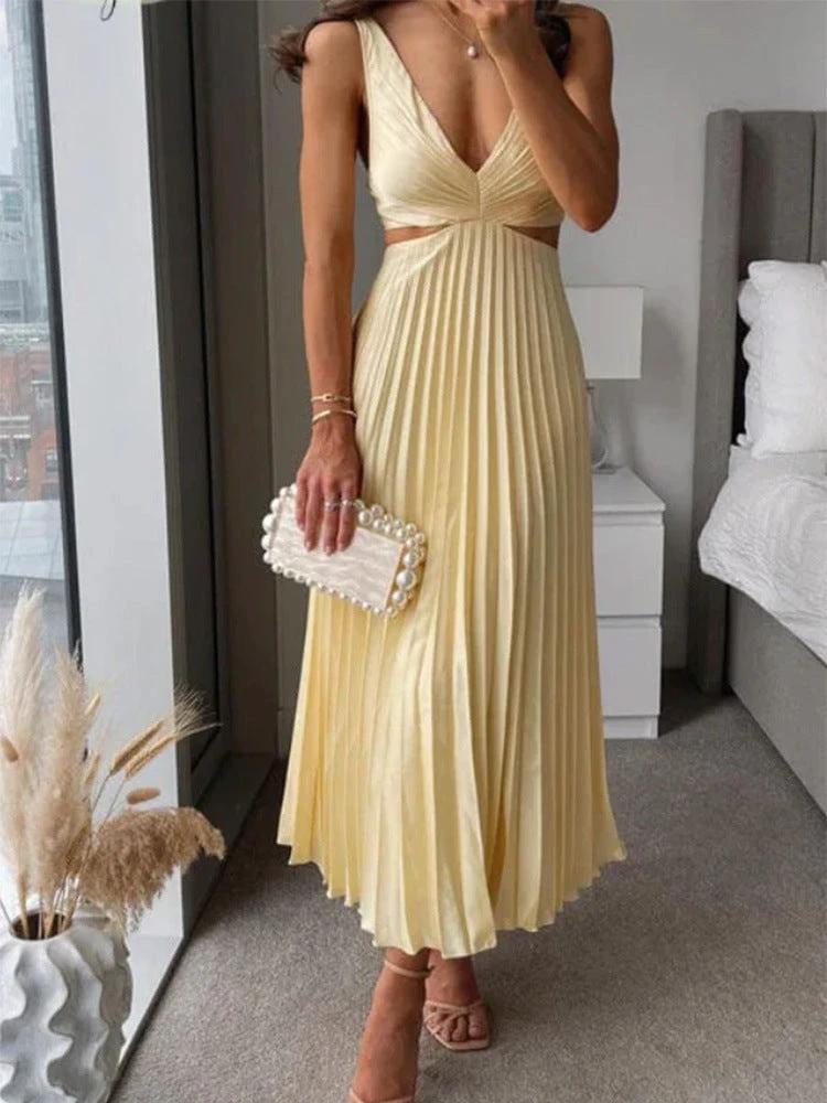 Ins Suspender Pleated Long Dress With Hollow-waisted Design Fashion V-neck Backless Dresses Summer Women's Clothing by GJG Denim