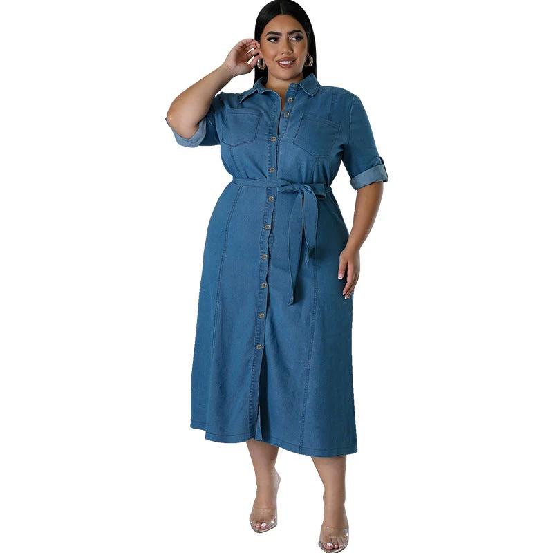 Denim Lapel Long Sleeve Tied Midi Dress by GJG Denim