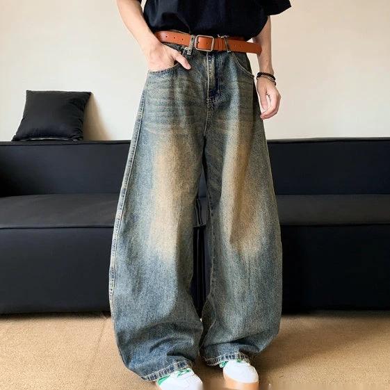 Men's Retro Distressed Machete Denim Slimming Wide-leg Jeans by GJG Denim