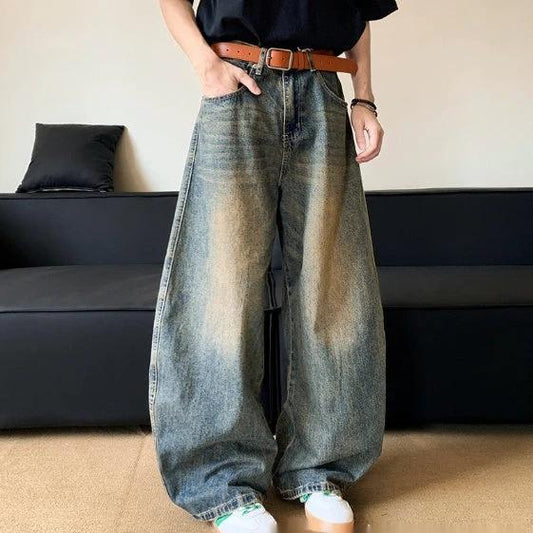 Men's Retro Distressed Machete Denim Slimming Wide-leg Jeans by GJG Denim