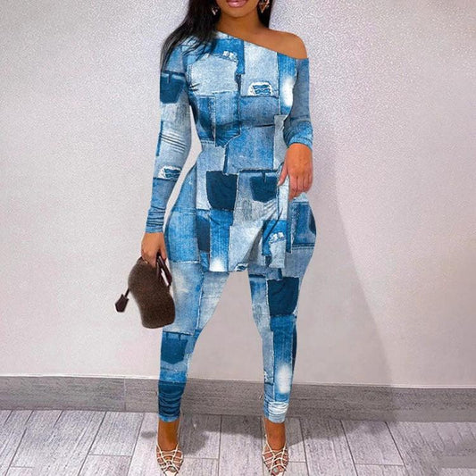 Autumn And Winter New Letter Floral Print Slit Hem Long Sleeve Top Suit Women by GJG Denim
