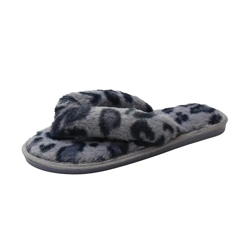 New Leopard Cross Fluffy Slippers Women's Home Indoor Fashion Plush Cotton Slippers Flip-flops Women by GJG Denim