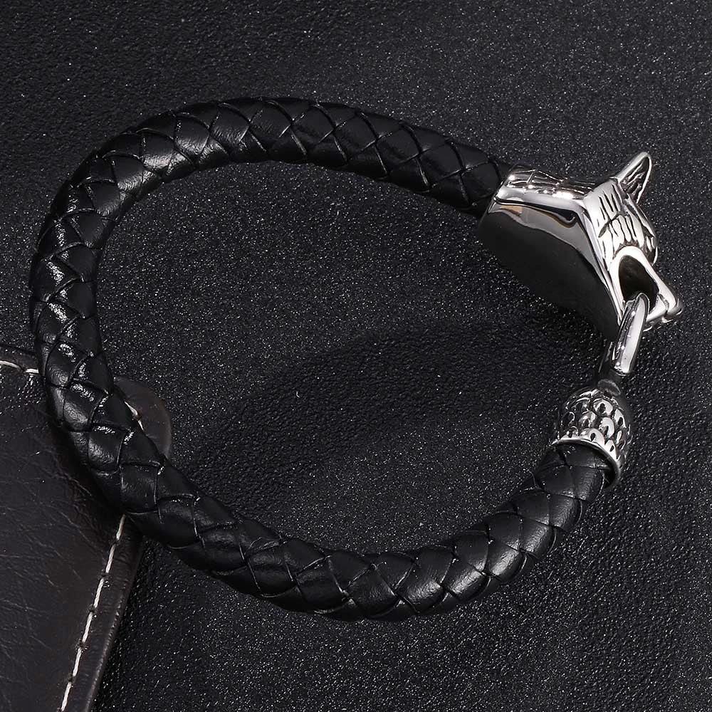 Fashionable Wolf Head Genuine Leather Braided Leather Cord Bracelet For Men by GJG Denim