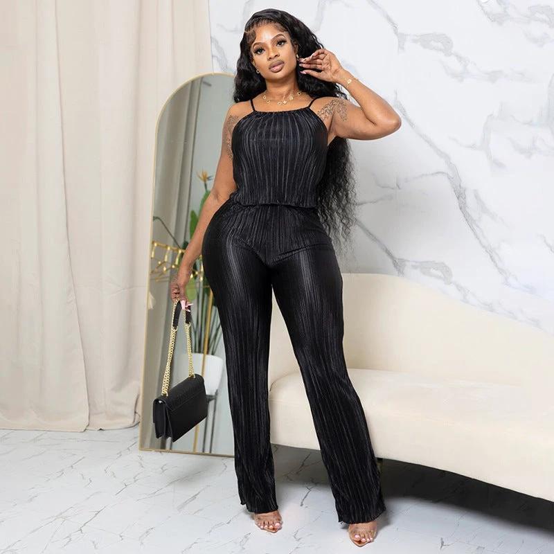 Summer New Pleated Solid Color Sling Top Wide Leg Trousers Casual Suit by GJG Denim