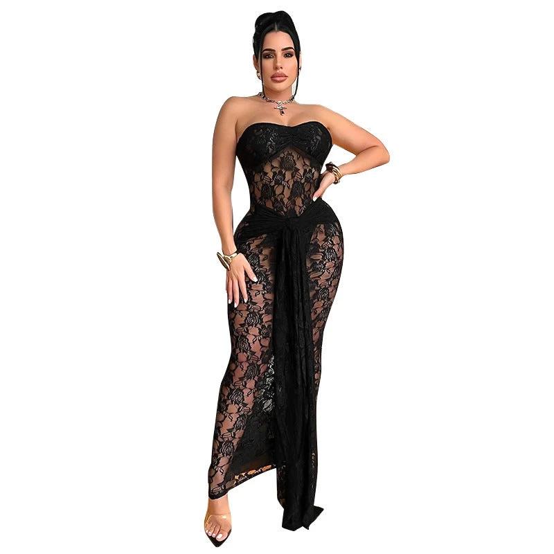 Adult Lady Like Woman Style Lace Chest Wrap Backless Midi Dress by GJG Denim