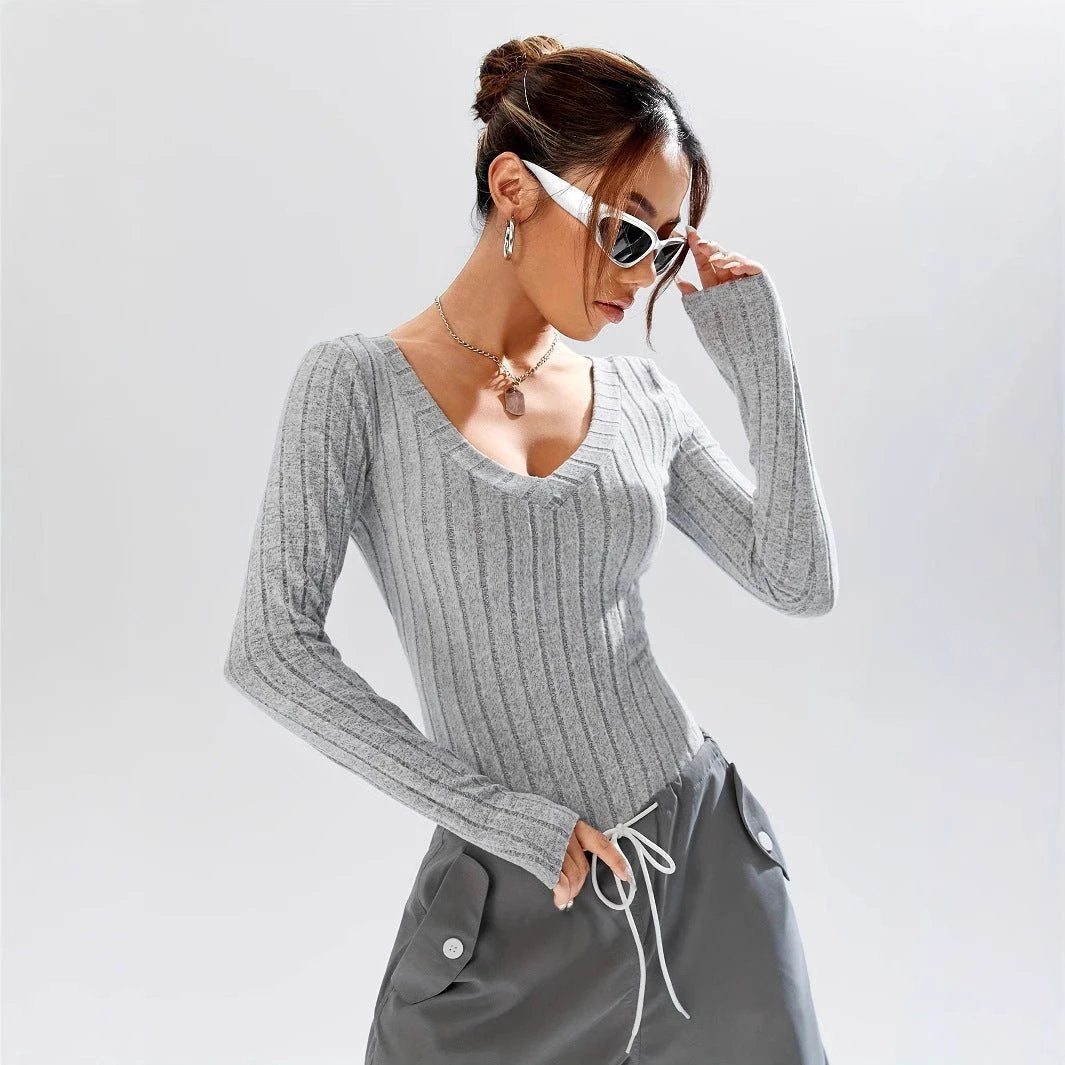 Simple Casual Solid Color Deep V-neck Slim Fit Waist-controlled Long Sleeves Jumpsuit Women by GJG Denim