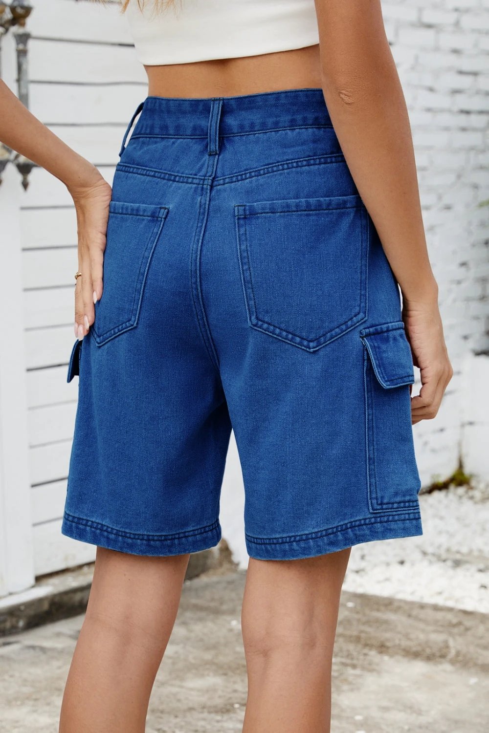 High Rise Denim Shorts with Cargo Pockets by Lady Ros