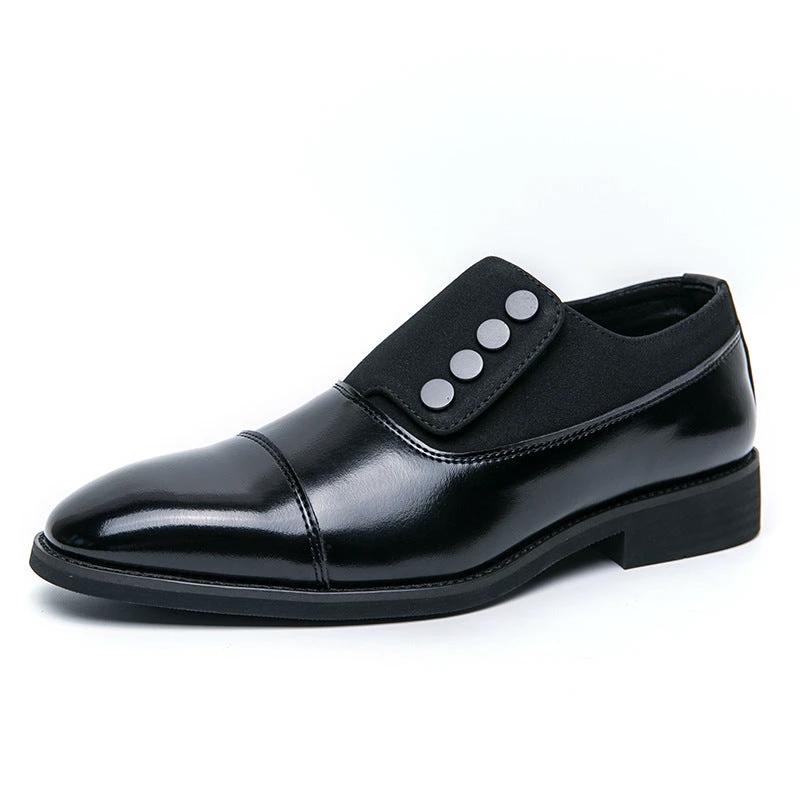 Men's Slip On Low Top Pointed Round Toe Button Leather Shoes by GJG Denim