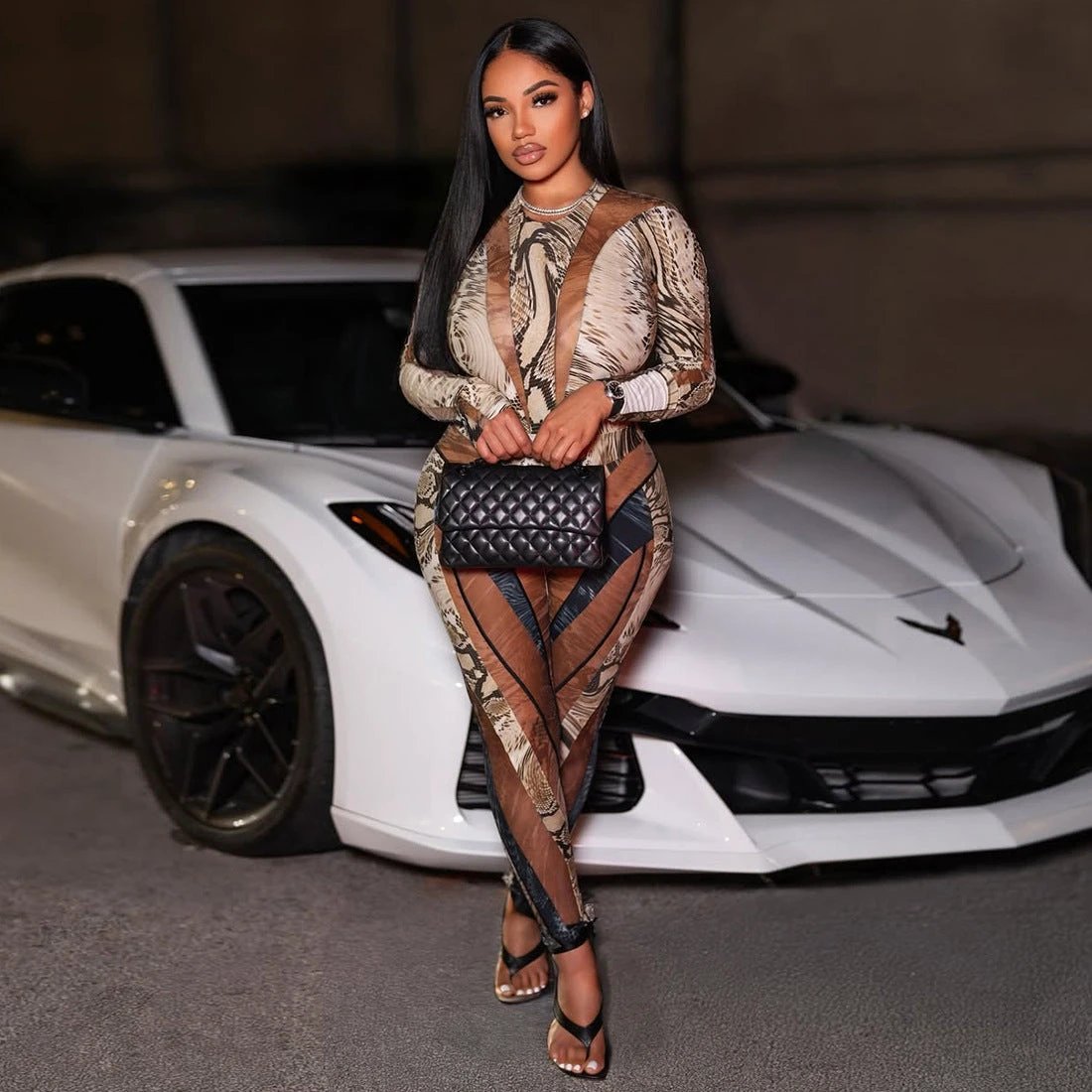 Personalized Snake-Print Bodycon Sexy Jumpsuit by GJG Denim