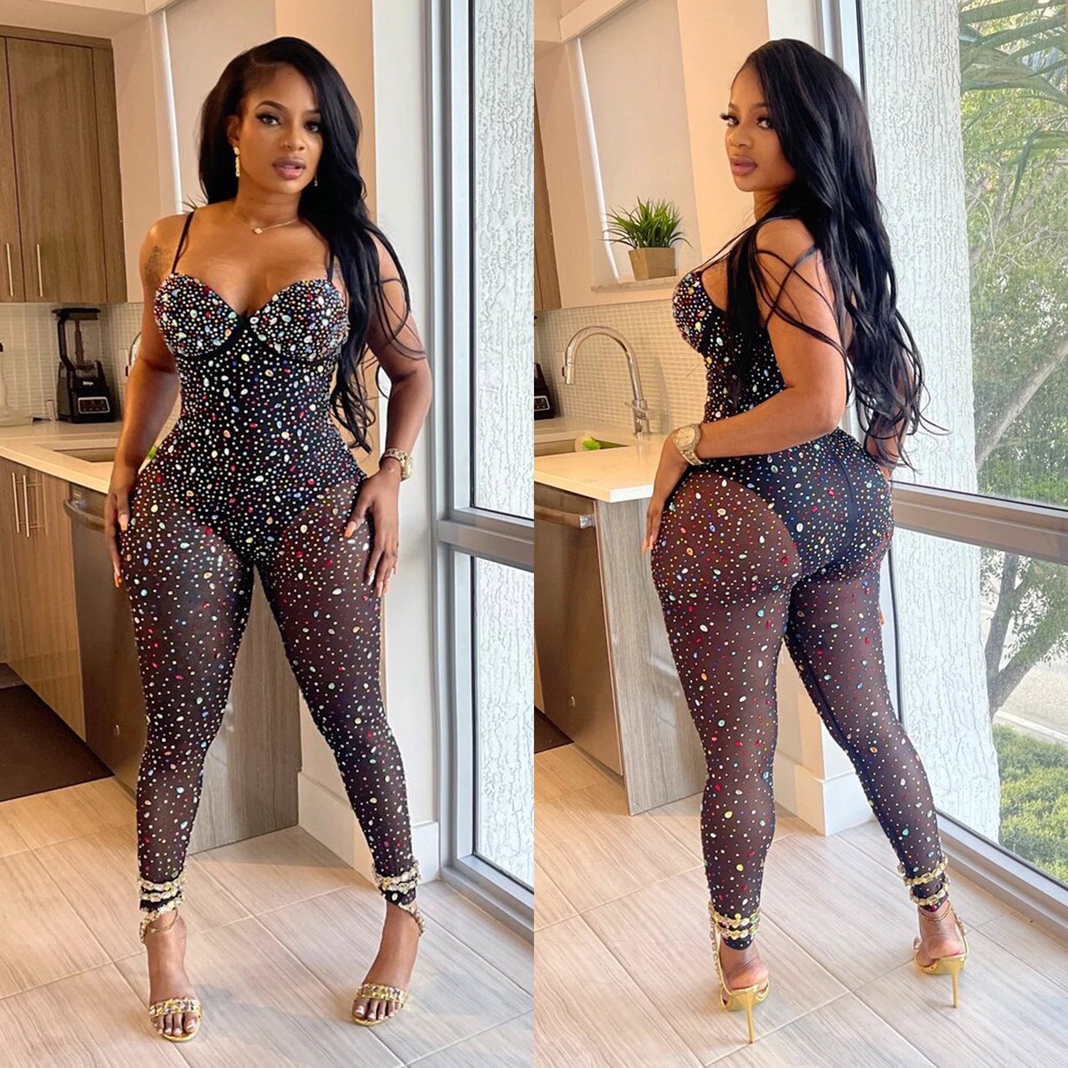 Women's Pure Color Mesh Rhinestone Pants Jumpsuit by GJG Denim