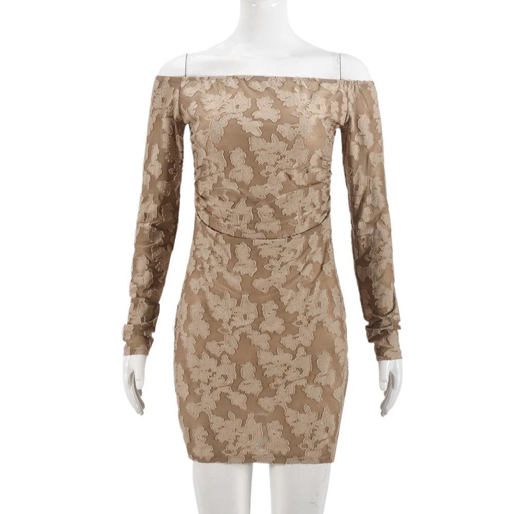 Women's Autumn High Elastic 3D Flower Cutout Backless Off-shoulder Long Sleeve Dress by GJG Denim