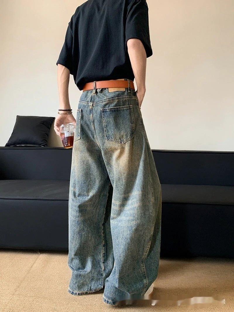 Men's Retro Distressed Machete Denim Slimming Wide-leg Jeans by GJG Denim