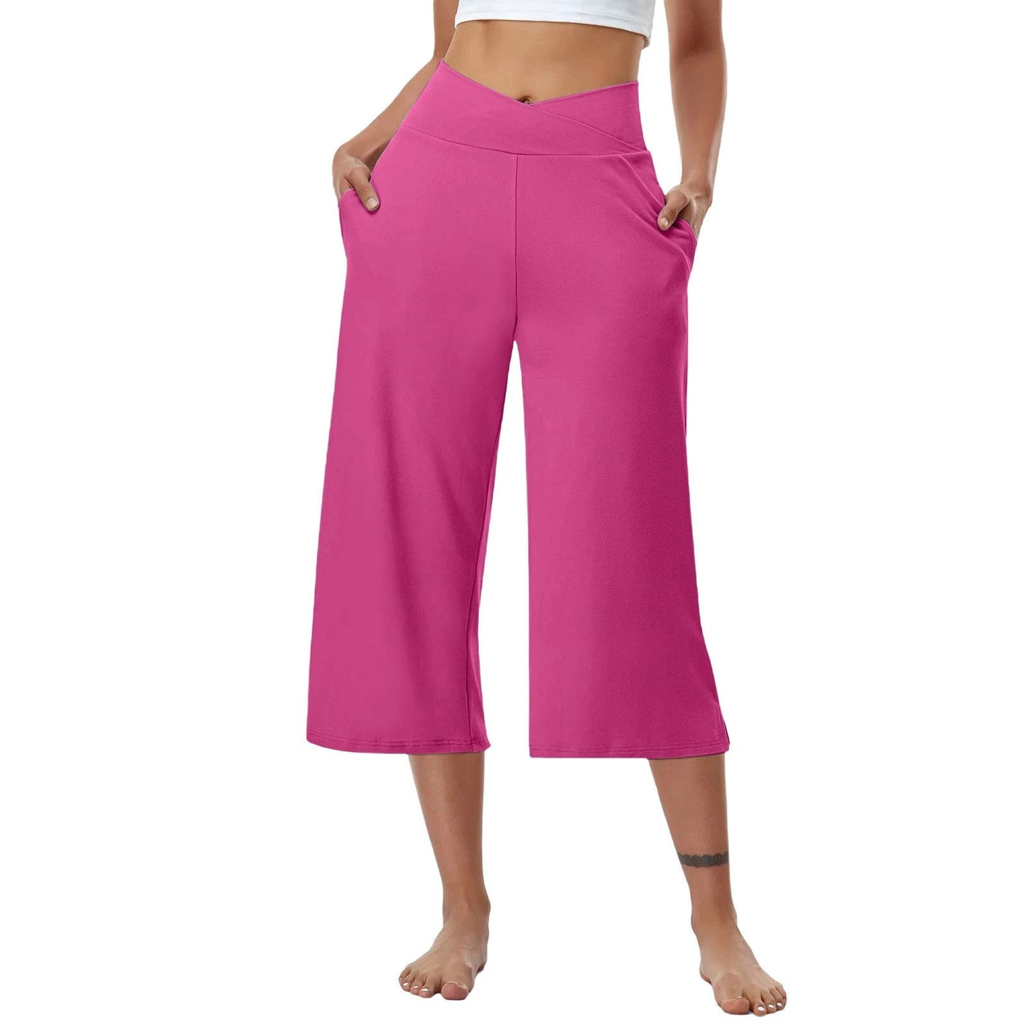 High-Waist Butt-Lifting V-Shaped Waist Wide-Leg Fitness Running Cropped Pants by GJG Denim