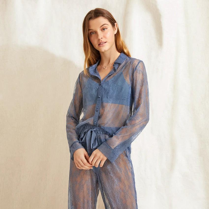 European And American Lace See-through Dress Long-sleeved Lapel Sexy Sexy Net Gauze Pajamas Women by GJG Denim