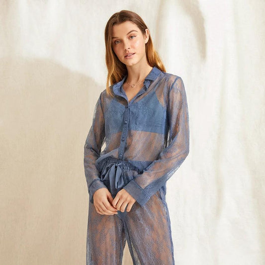 European And American Lace See-through Dress Long-sleeved Lapel Sexy Sexy Net Gauze Pajamas Women by GJG Denim