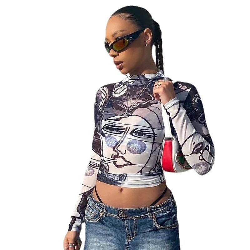 Sheer Mesh Round Neck Long Sleeve Slim-fit Top by GJG Denim