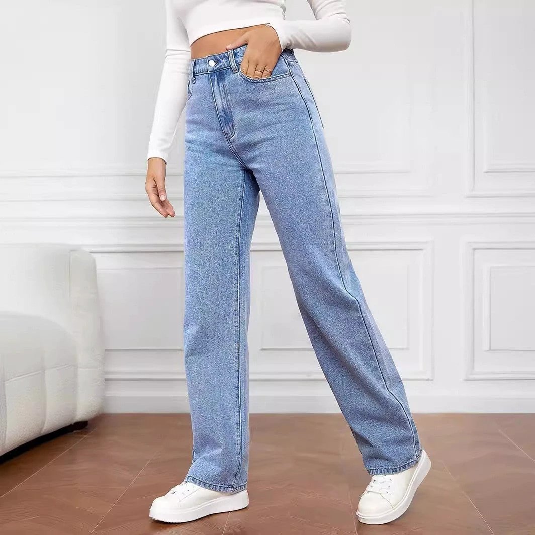 Washed Fashion Straight Jeans Women's Mid Waist by GJG Denim