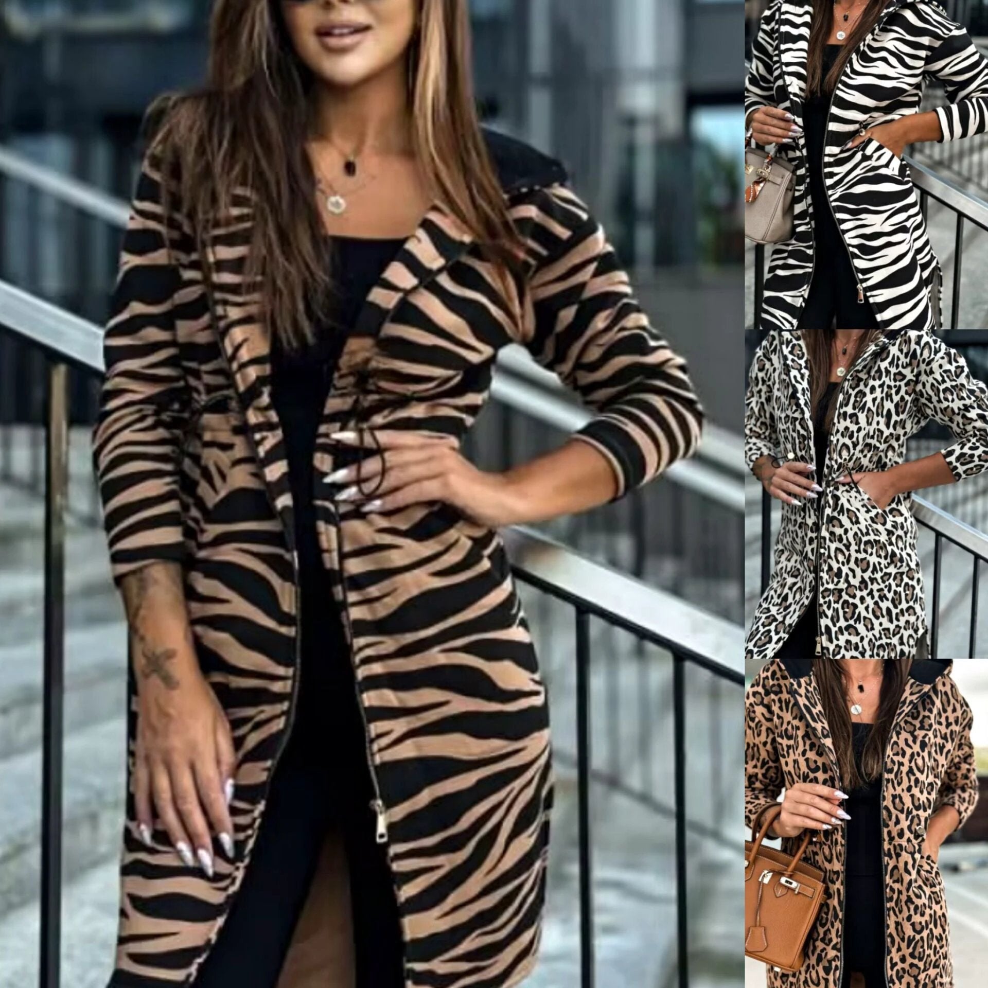 Women's Long-sleeved Hooded Printed Trench Coat by GJG Denim
