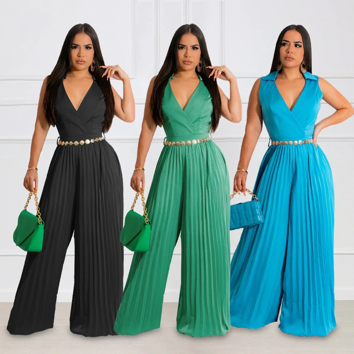 Cinched Pleated Loose Wide Leg Jumpsuit by GJG Denim