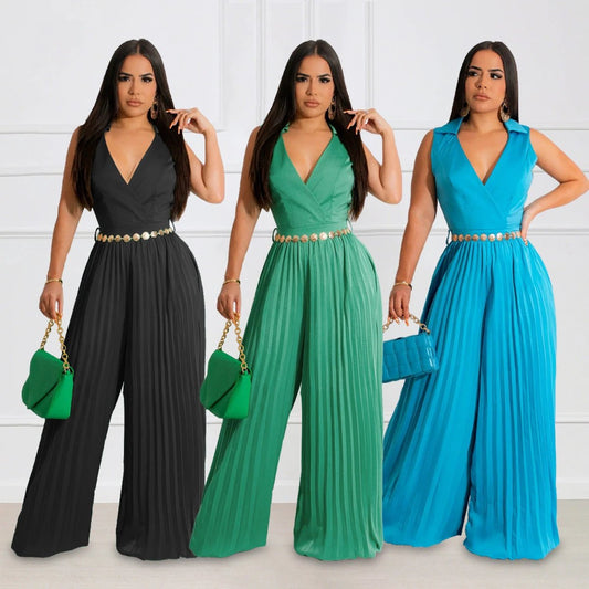 Cinched Pleated Loose Wide Leg Jumpsuit by GJG Denim