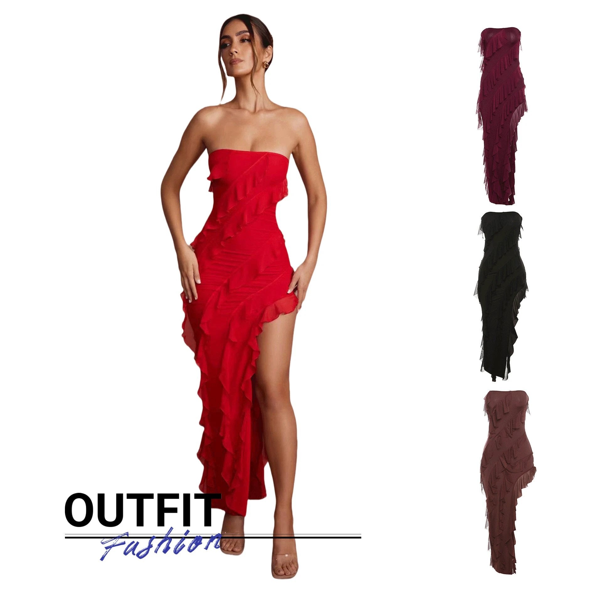 Summer Trend Skinny Women's Fashion Tube Top Backless Split Tassel Dress Birthday Party Clubwear by GJG Denim