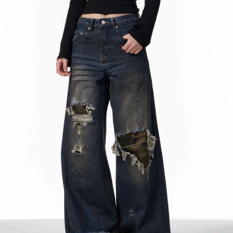 Distressed Camouflage Patch Ripped Jeans Women Loose Straight-leg Wide-leg Pants by GJG Denim