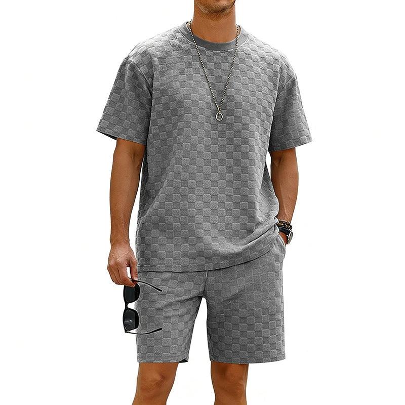 Checkered Mens Short-sleeve T-shirt And Casual Shorts Set by GJG Denim