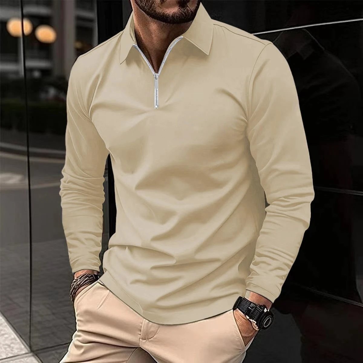 Zipper Men's Solid Color Long Sleeve Sports Polo Shirt by GJG Denim