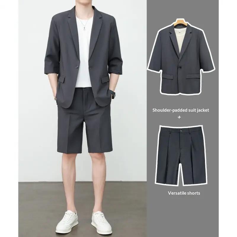 Thin Short-Sleeve Suit Mens Casual Cropped-Sleeve Jacket Half-Sleeve Suit Set by GJG Denim