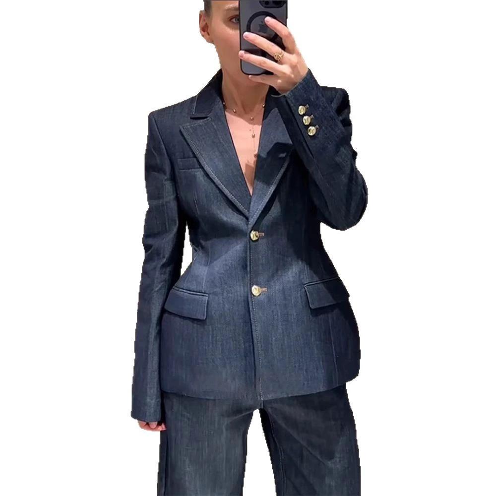 Dark Blue Temperament Waist-controlled Hong Kong Style Denim Suit by GJG Denim