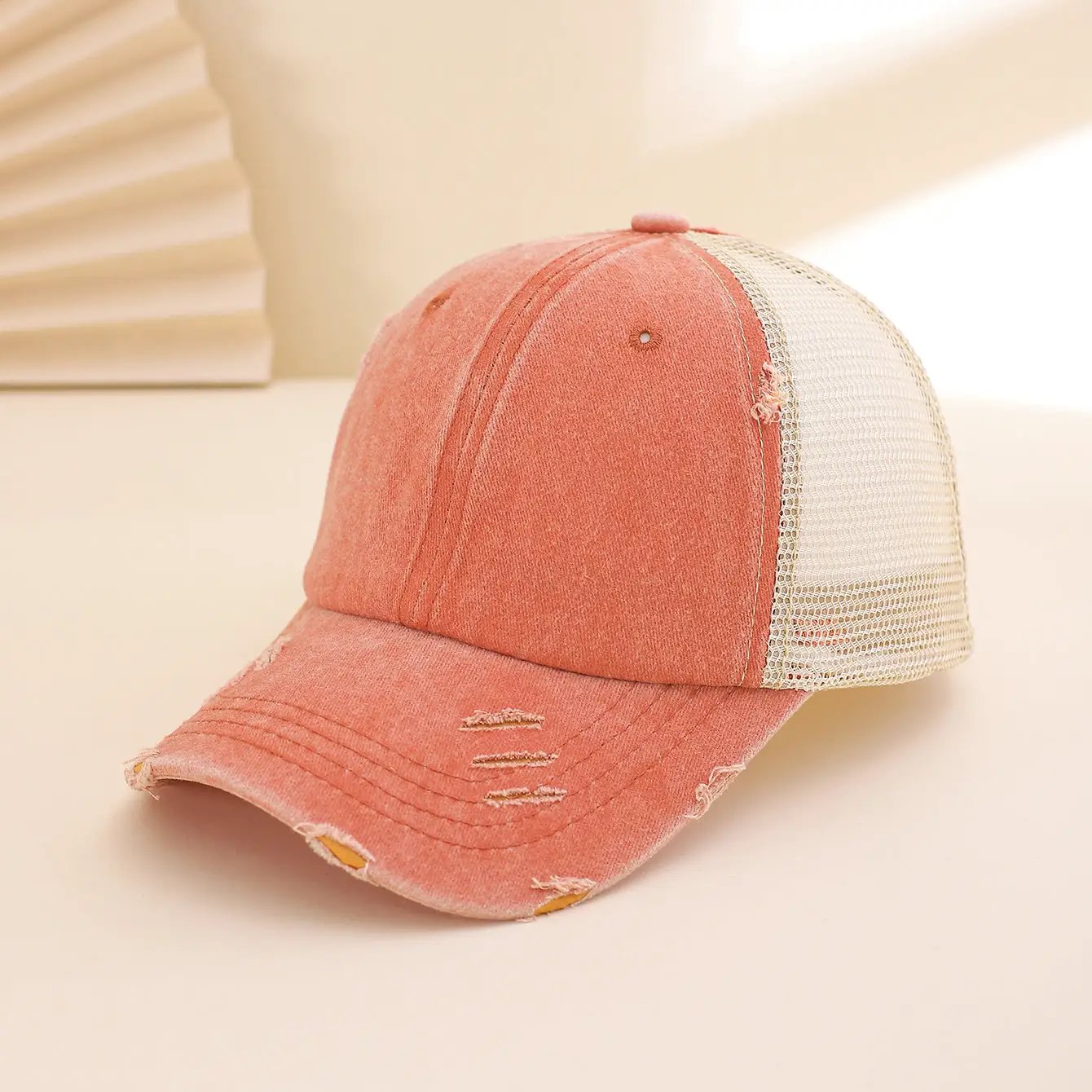 Solid-color, Frayed, Washed-out, Distressed, Mesh-patterned Cap - A Trendy, Youthful, Versatile Baseball Cap That Suits Both Daily Commuting And Outdoor Activities. by GJG Denim