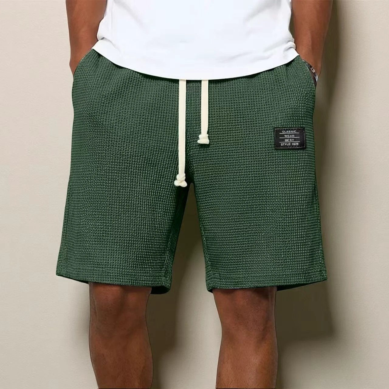 Men's Simple Waffle Knit Embroidered Casual Solid Color Shorts by GJG Denim