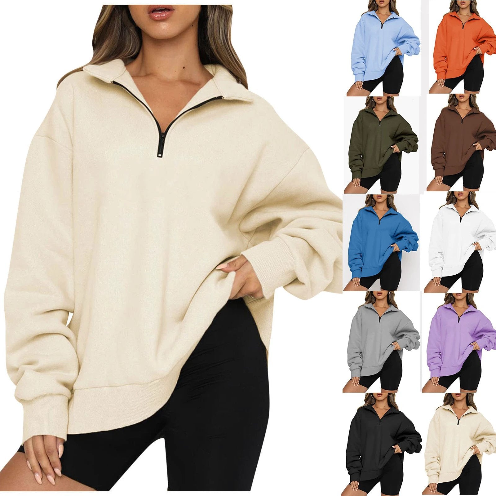 Women Sweatshirts Zip Turndown Collar Loose Casual Tops Clothes by GJG Denim