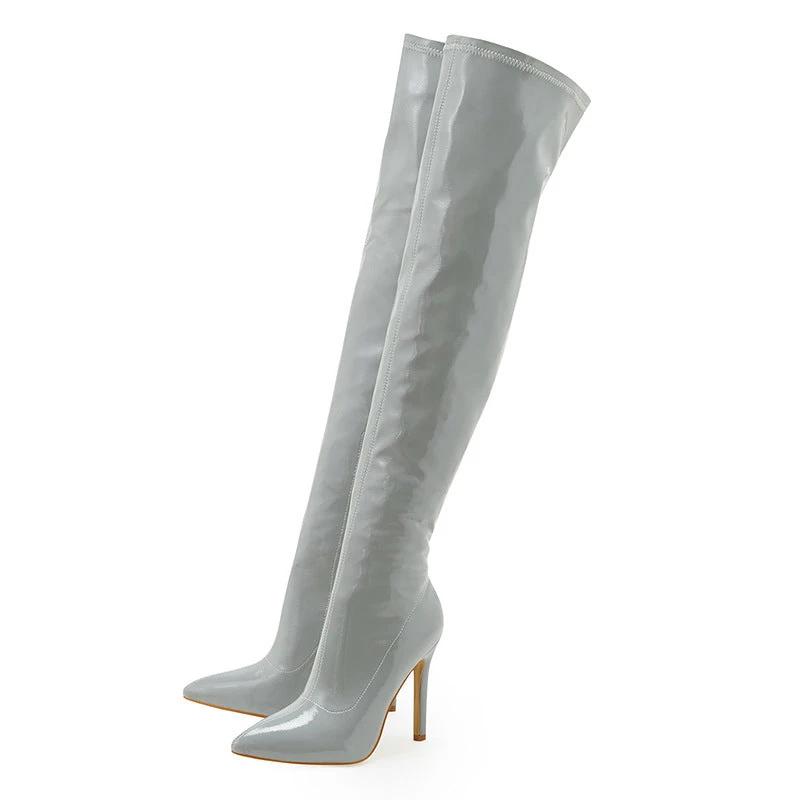 Women's High Heel Soft Patent Leather Inside Zipper Over The Knee Boots by GJG Denim