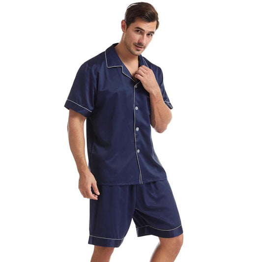 Men's Lapel Casual Breathable Thin Short-sleeved Shorts Pajamas Set by GJG Denim