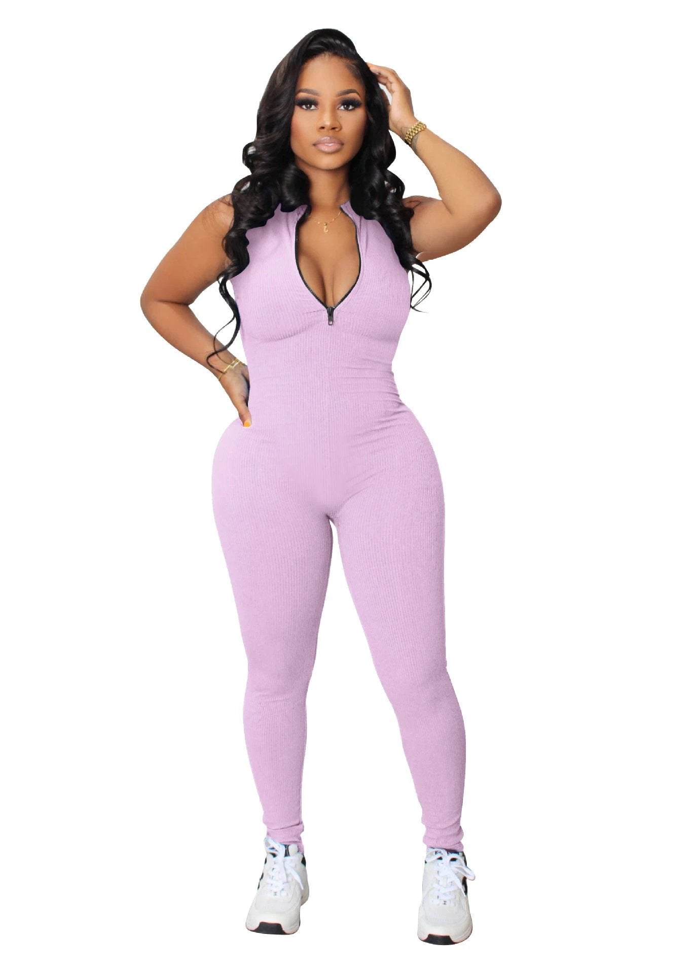 Women's Solid Color Stretch Small Sunken Stripe Zipper Jumpsuit by GJG Denim