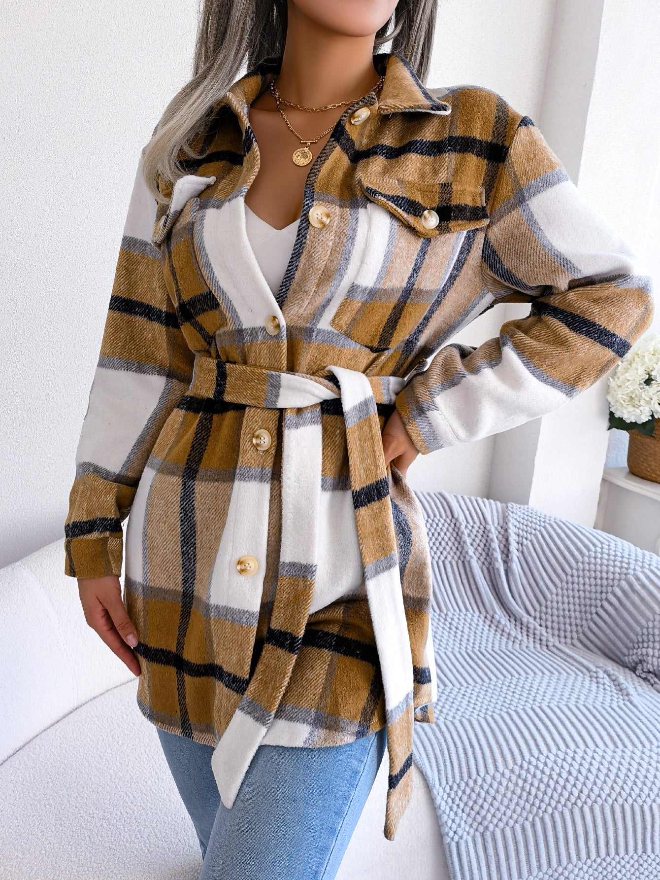 Women's Color-Blocked Plaid Long Sleeve Tie-Waist Thick Tweed Coat by GJG Denim