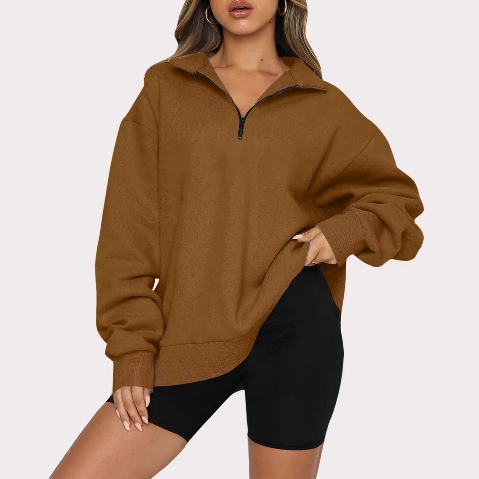 Women Sweatshirts Zip Turndown Collar Loose Casual Tops Clothes by GJG Denim