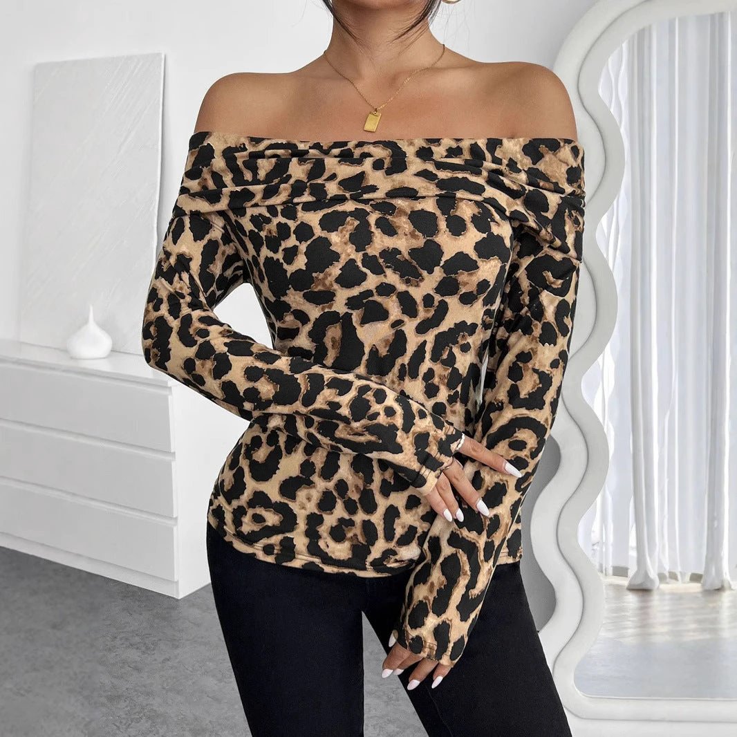 Leopard Print Off-shoulder Long Sleeve T-shirt by GJG Denim