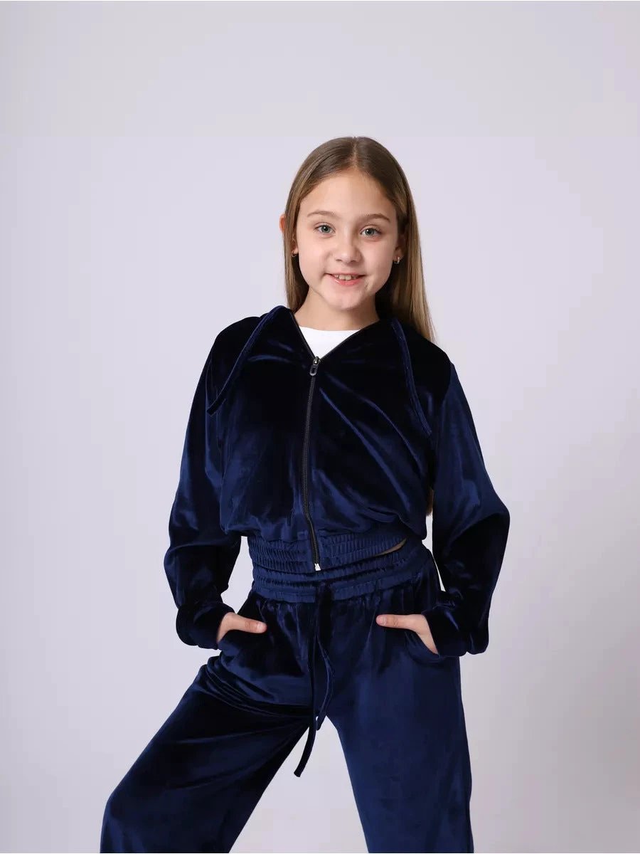 Girls' Sports Cap Velvet Casual Sweatshirt Two-piece Set by GJG Denim